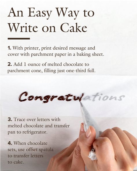 Piping a name or message on a cake is a fun way to personalize a celebratory dessert. And you don’t need any special equipment or special skills—you don’t even need to write directly on the cake. With the following method, you simply pipe melted chocolate through a parchment cone onto more parchment paper and then transfer the message to the cake once the chocolate has set. Write On Cake, Sunday Cooking, Cooking Conversions, Painted Cookies, How To Make Letters, Writing Practice Sheets, Cake Piping, Cake Writing, Illustrated Magazine