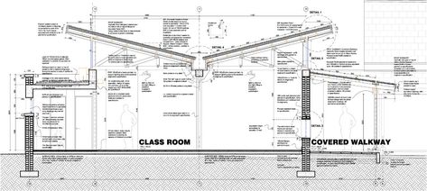 Gallery of Blouberg International School / Luis Mira Archi​tects & Plus Arquitectura - 16 Butterfly Roof Design, Section Detail, Architecture Design Presentation, Butterfly Roof, Roof Shapes, Timber Roof, Roof Construction, Roof Architecture, Roof Trusses