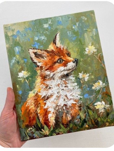 Paintings Of Foxes Acrylic, Cute Animal Paintings Acrylic, Painting Animals Acrylic, Fox Oil Painting, Canvas Painting Ideas Animals, Acrylic Painting Ideas Animals, Painting Inspo Nature, Mini Animal Paintings, Fox Painting Ideas