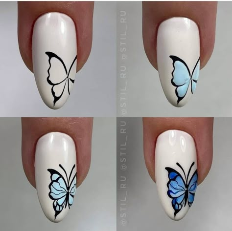 Butterfly On Nail Art, Baterflay Nailart, Step By Step Nail Art For Beginners, Nail Art Step By Step, Butterfly Nail Designs, Quick Nail Art, Unghie Nail Art, Art Deco Nails, Nail Drawing