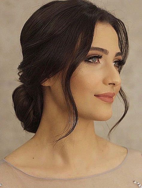 Updo Front And Back View, Bridal Hair Updo Front View Loose Curls, Front Of Hair Updo, Bun Front Hairstyle, Middle Part Bun Wedding, Loose Low Bun Wedding Hair Front View, Updos From The Front View, Bride Hairstyles Shoulder Length Hair, Elegant Hair Bun