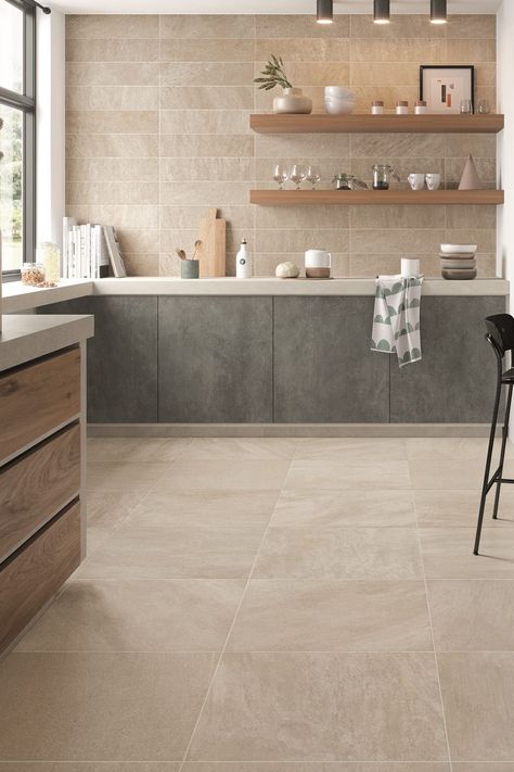 Beige Tile Kitchen, Kitchen Wall Tiles Design, Large Floor Tiles, Tile Floor Living Room, Серая Кухня, Wall Tiles Design, Living Room Tiles, Beige Kitchen, Floor Tile Design