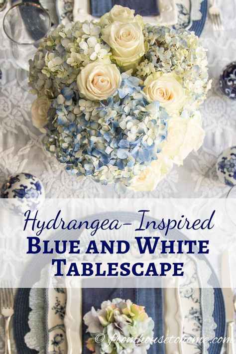 Hydrangea-inspired Blue and White Tablescape | If you're looking for Easter dinner or spring table ideas, this blue and white table setting has a hydrangea centerpiece that is perfect for the occasion. The blue and white place setting is really pretty, too. White Place Setting, Toile Plates, Blue And White Table Setting, Flowers Blue And White, Dinner Party Tablescapes, Wedding Flowers Blue, White Table Setting, Blue And White Toile, White Tablescape