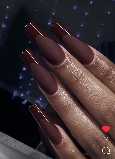 Nails Acrylic Matte Brown, Burgundy Matte Nails With Glossy Tips, Long Round Acrylic Nails Classy, Matt And Glossy Nails, Coffin Shape Nails Designs Ideas, Fudgesicle Nail Color, Deep Red Ombre Nails, Matte And Shiny Nails Design, Dark Nails With Rhinestones