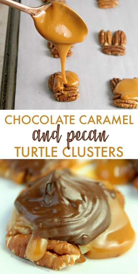 Chocolate Caramel And Pecan Turtle Clusters, Chocolate Pecan Turtle Clusters, Pecan Turtle Clusters, Pecan Turtles Recipe, Turtle Clusters, Caramel Clusters, Easy Christmas Treat, Turtle Recipe, Clusters Recipe