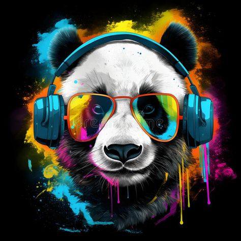 Panda bear wearing headphones and headphones with paint splatters. Generative AI stock image Bear With Headphones, Panda With Headphones, January Art, Panda Head, Living Room 2024, Sublimation Ideas Projects, Wearing Headphone, Wearing Headphones, Sublimation Ideas Projects Inspiration