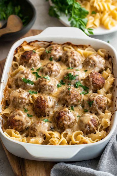 Swedish Meatball Pasta Bake Swedish Meatball Egg Noodle Recipe, Meatballs Over Egg Noodles, Swedish Noodle Bake, Swedish Meatball Noodle Casserole, Baked Swedish Meatballs Oven, Swedish Meatball Noodle Bake Recipe, Swedish Meatball Noodle Bake, Swedish Meatball Casserole Recipe, Swiss Meatballs