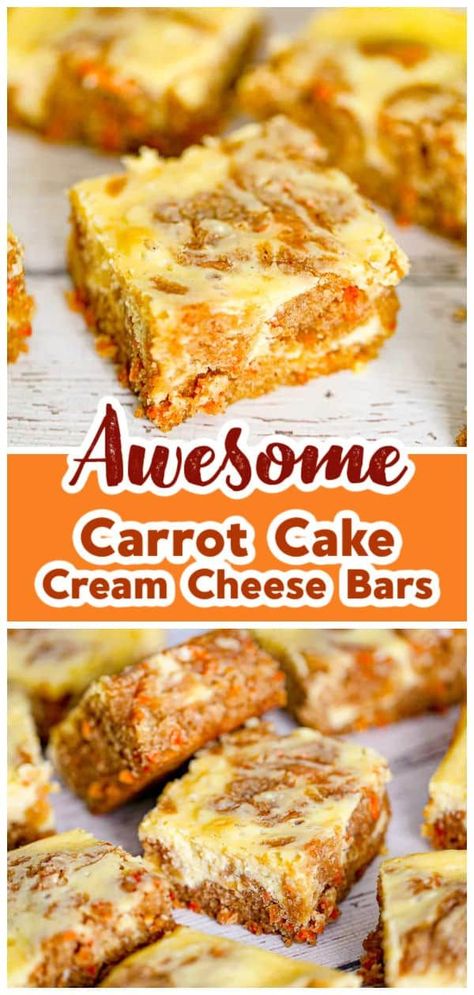 Our Carrot Cake Cream Cheese Bars are the perfect Easter dessert! Cream cheese and carrot cake go hand in hand! Cream Cheese Carrot Cake, Cheesecake Factory Carrot Cake, Carrot Cake Cheesecake Bars, Carrot Cake Cream Cheese, Carrot Cake Bars Recipe, Cheesecake Cream Cheese, Carrot Cake Dessert, Cake And Cheesecake, Cheesecake Cream