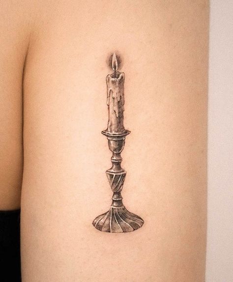 Realistic Candle Tattoo, Match And Candle Tattoo, Candle Stick Tatoos, Hand Holding Fire Tattoo, Kerosene Lamp Tattoo, Vintage Candle Tattoo, Book And Candle Tattoo, Candle Stick Tattoo Design, Lit Candle Tattoo