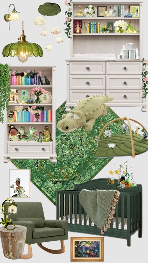 Princess Tiana Nursery #princesstiana #princessandthefeog #disney #nurseryinspo #nursery Princess Tiana Room Ideas, Princess And The Frog Room, Princess Tiana Nursery, Princess Tiana Bedroom Ideas, Princess And The Frog Room Ideas, Princess And The Frog Room Decor, Princess Tiana Nursery Ideas, Princess And The Frog Nursery Ideas, Princess And The Frog Nursery