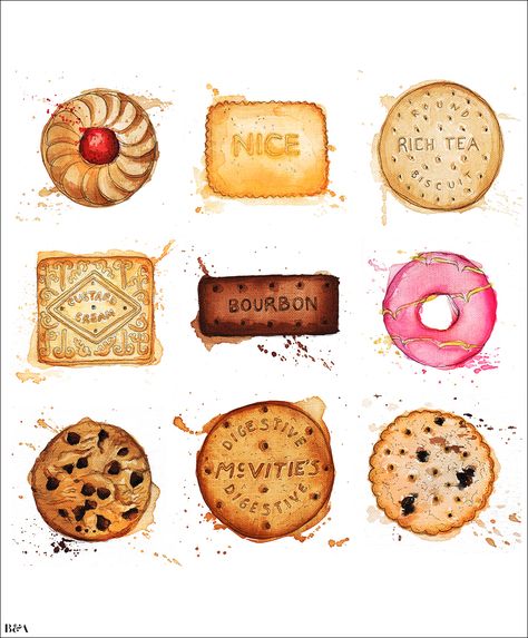 Georgina luck Georgina Luck, Luck Illustration, British Biscuits, Candy Drawing, Custard Cream, Food Artists, Desain Quilling, Food Sketch, Watercolor Food