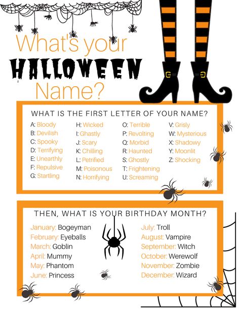 Halloween What's Your Name Game printable is a spooky amount of fun for your next Halloween party. #halloweenprintable #halloweengame What’s Your Halloween Name, Halloween Party Game Ideas, Halloween Homeschool, Halloween Gala, Animals Name List, Halloween Party Games For Kids, Name Activities Preschool, Let's Play A Game, Fun Halloween Party Games