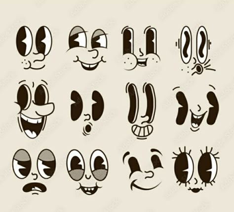 Rubber Hose Drawing, Vintage Cartoon Faces, Retro Cartoon Faces, Cartoon Black And White Aesthetic, Rubber Hose Character, How To Draw Teeth Smile, Black And White Aesthetic Cartoon, 1950s Cartoon Style, 30s Cartoons Style