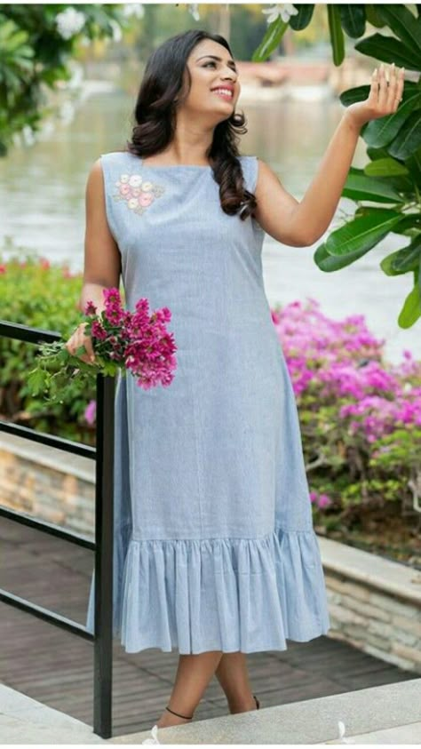 Frilled Kurti Design, Georgette Aline Kurti Design, Summer Cotton Frocks For Women, Frock Patterns Womens, Embroidery Frocks For Women, Simple Frock For Women, Trendy Frocks For Women, Aline Frocks For Women, Aline Dress Casual