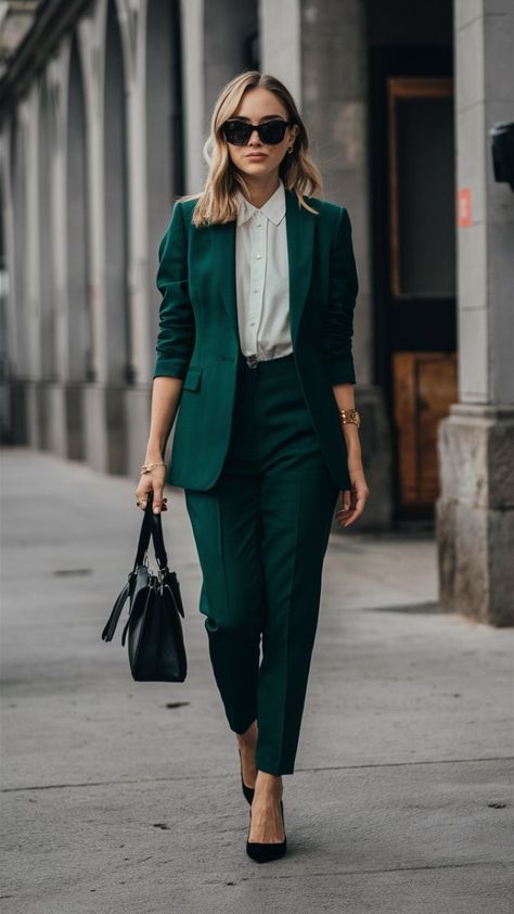 Bold Color Work Outfits, Fall Career Outfits For Women, Bold Business Outfit, Fall Business Professional Outfits, Business Outfits Professional, Fall Fashion Work, Fall Business Outfits, Green Suit Women, Aesthetic Options