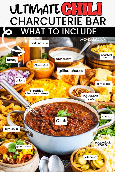 The best toppings to put on chili and chili con carne sides tend to vary from person to person, since we all have different preferences. Someone might want rice, someone else might prefer cornbread, and then some people want both! The easiest (and most fun!) way to make sure everyone can choose their own toppings and sides to make their perfect chili bowl is to make a charcuterie board offering chili sides and toppings and just let everybody make up their own bowl. Chili For Halloween Party, Drink Charcuterie Board Party Ideas, Hosting Halloween Dinner, Chili Night Party, Meal Charcuterie Board, Chili Sides Ideas, Chili Charcuterie Board, Chilli Bar, Chili Charcuterie