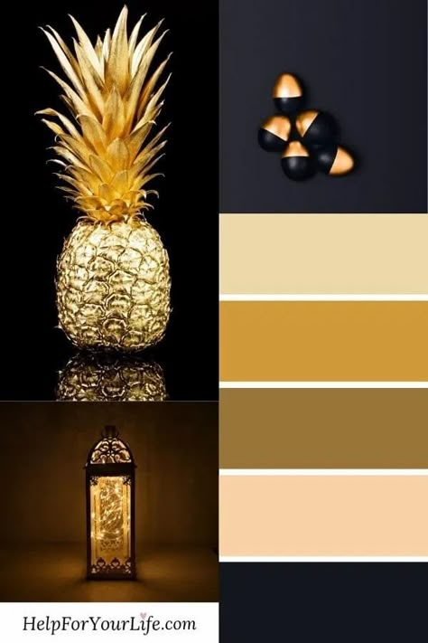 black and gold visuals color palette ~ Check out all the gorgeous visuals you'll want for your blog and business. Light Gold Color Palette, Color Pallets With Gold, Colours That Go With Gold, Black And Gold Colour Palette, Gold Colour Combinations, Gold Black Color Palette, Family Room Aesthetic, Black And Gold Interior, Black And Gold Palette