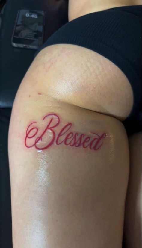 Tattoos On Thigh For Women, Back Thigh Tattoos Women Black, Cursive Tattoos For Black Women, Tattoos For Women Thigh, Word Tattoos Black Women, Singer Tattoo, Under Cheek Tattoo, One Of One Tattoo, Baddie Tattoos