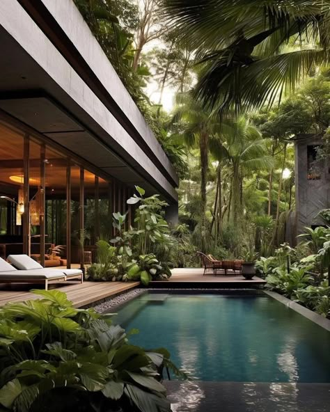 Concrete House Architect: @miladeshtiyaghi Would you live here? | Instagram Bali Beach House, Indoor Pool House, Pools Ideas, Sloping Lot House Plan, Indoor Swimming Pool Design, Indoor Pool Design, Modern Tropical House, Jungle House, Luxury Landscaping