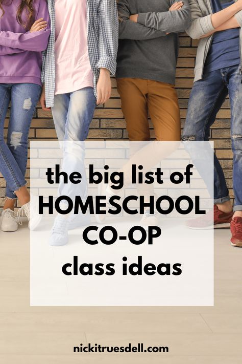 The big list of Homeschool Co-op class ideas - Nicki Truesdell Homeschool Meetup Ideas, Homeschool Club Ideas, Kindergarten Homeschool Co-op Ideas, Outschool Class Ideas, Kindergarten Co Op Ideas, Middle School Co Op Class Ideas, Co-op Art Class Ideas, High School Co-op Class Ideas, Coop Class Ideas Homeschool