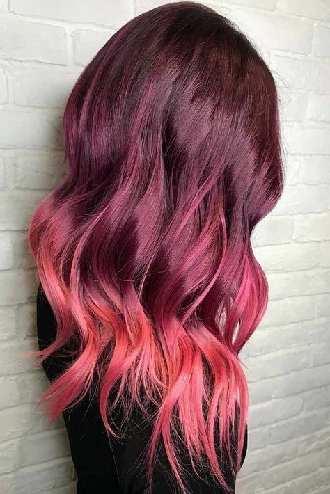 Raspberry Ombre Hair, Burgundy To Pink Ombre Hair, Burgundy Blonde Balayage, Burgundy And Pink Hair, Purple Burgundy Hair, Wedding Hair Colors, Long Hair Highlights, Balayage Long Hair, Hair Color Underneath