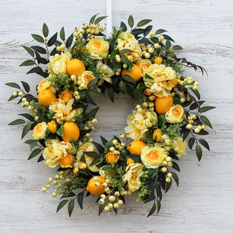 Lemon Wreaths, Summer Front Door, Silk Wreaths, Lemon Wreath, Summer Front Door Wreath, Spring Door Wreaths, Geek Decor, Peony Rose, Flowers And Greenery