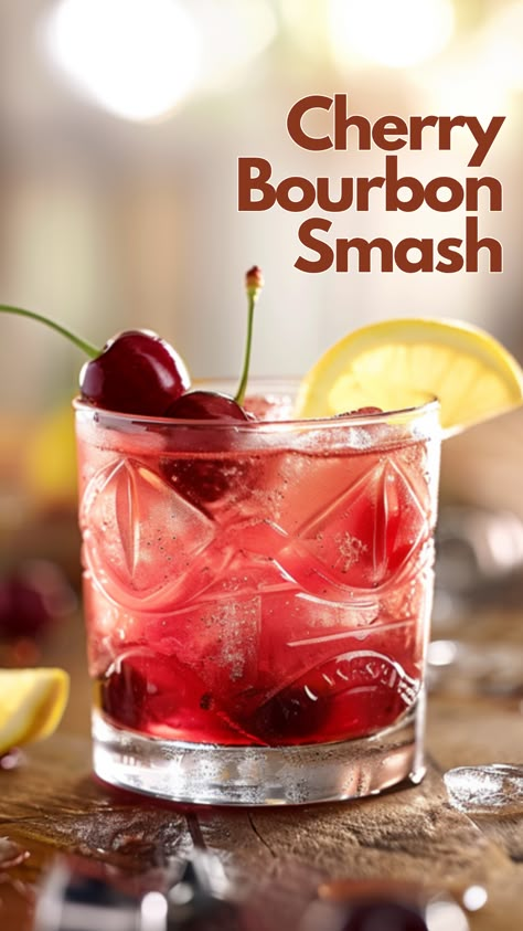 Cherry Bourbon Smash Bourbon Large Batch Drinks, Bourbon Cherry Smash, Alcohol Pantry, Bourbon Cherry Cocktail, Bourbon Cherries Recipe, Cherry Whiskey Drinks, Cherry Bourbon Cocktail, Bourbon Smash Cocktail Recipes, Cherry Bourbon Smash