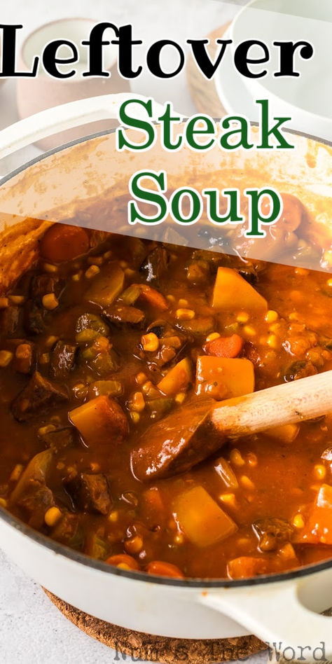 There’s something magical about transforming last night’s steak into today’s comforting bowl of soup! This Leftover Steak Soup is so easy to make too! #numstheword #leftoversteaksoup #soupfromleftoversteak #steaksoupwithleftoversteak #leftoversteaksouprecipe #soupwithleftoversteak #leftoversteakandpotatosoup #beefsoupwithleftoversteak #soupmadewithleftoversteak Leftover Beef Roast Soup, Beef Stew With Leftover Steak, Steak And Potato Soup Stovetop, Soup With Steak In It, Crockpot Steak Soup, Leftover Steak Stew Recipes, Kansas City Steak Soup, Leftover Brisket Soup, Leftover Steak Chili Recipe