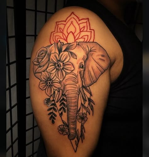 Elephant Back Tattoo Women Spine, Elephant Tattoos On Thigh, Elephant Arm Tattoo, Elephant Back Tattoo, Elephant Shoulder Tattoo, Arm Elephant Tattoo, Black Owl Tattoo, Elephant Thigh Tattoo, Thigh Piece Tattoos