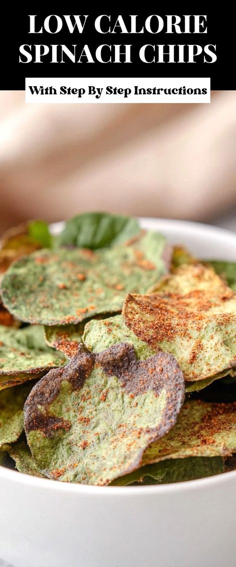 Image for Low Calorie Spinach Chips Healthy Chips Recipe, Healthy Salty Snacks, Spinach Chips, Healthy Chips, Protein Chips, Vegetable Chips, Guilt Free Snacks, Low Calorie Snacks, Chips Recipe