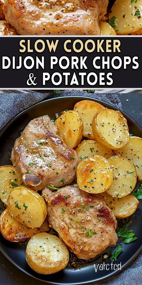 These Slow Cooker Dijon Pork Chops with tender potatoes are the perfect comfort food! Just set it and forget it! 🤩 With a tangy Dijon mustard sauce, these juicy pork chops are cooked to perfection while the potatoes absorb all the rich flavors.💛 ✨ Try this recipe today for a hassle-free, mouthwatering dinner! 📌 👉 Save this Pin for later and enjoy an easy weeknight meal that will impress everyone! 👩‍🍳👨‍🍳 #SlowCookerRecipes #PorkChops #CrockpotMeals #ComfortFood #EasyDinner Easy Crockpot Pork Chops, Dijon Pork Chops, Pork Chops Potatoes, Slow Cooker Pork Chops Recipes, Beef Ragu Recipe, Healthy Pork Chop Recipes, Dijon Mustard Sauce, Pork Chops Recipes, Pork Crockpot