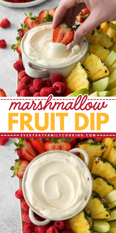 This Marshmallow Fruit Dip is a yummy summer appetizer that's delicious and creamy! This homemade dip makes the best dessert recipe or an easy Spring recipe. Save this pin for later! How To Make Fruit Dip With Cream Cheese, Fruit Dips With Cream Cheese, Fruit Marshmallow Dip, Fruit Board With Dip, Marshmallow Fruit Dip Recipe, Recipe Fruit Dip, Fruit Dip With Marshmallow Cream, Fruit Dip Appetizers For Party, Pina Colada Fruit Dip