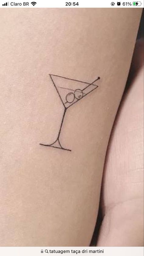 Mini Martini Glass Tattoo, Martini Fine Line Tattoo, Hospitality Tattoo Ideas, Manhattan Cocktail Tattoo, Martini Tattoo Design, Small Martini Glass Tattoo, Fine Line Martini Glass Tattoo, Martini Olive Tattoo, Dirty Martini Tattoo