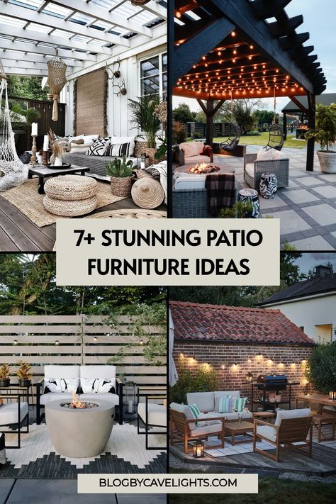 7 patio furniture ideas Patio Outside Master, Back Porch Layout Ideas, Arranging Patio Furniture Layout, Rectangular Patio Layout Ideas, Deck Lounge Ideas, Large Deck Furniture Layout, Deck Furniture Ideas Layout, Patio Layout Ideas Furniture Arrangement, Patio Gazebo Ideas