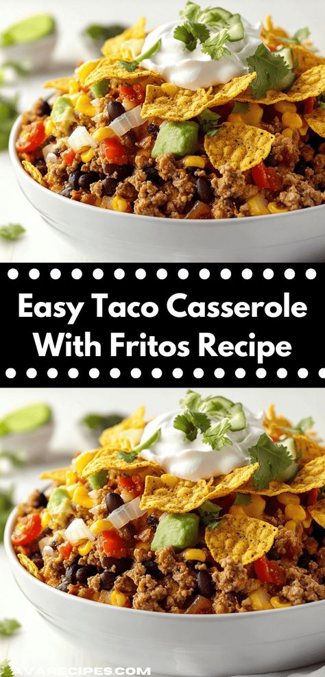 Need a crowd-pleaser for your next gathering? Discover the Easy Taco Casserole with Fritos, a delightful blend of flavors that will impress your guests. It's a fun and hearty option for any occasion. Taco Casserole With Fritos, Casserole With Fritos, Fritos Recipe, Frito Recipe, Easy Taco Casserole, Recipes Ground Beef, Ground Recipes, Easy Taco, Taco Casserole