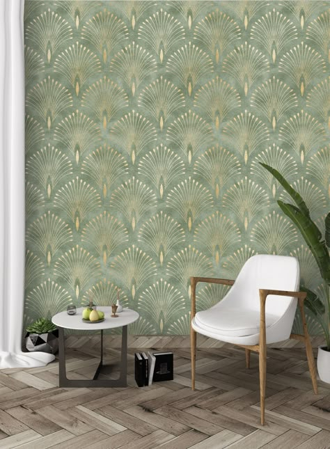 Green And Gold Peel And Stick Wallpaper, Removable Green Wallpaper, Green Wallpaper Living Room, Wall Papering Ideas Living Room, Green Art Deco Wallpaper, Green And Gold Wallpaper, Wallpaper With Green, 1920s Wallpaper, Bathroom Wall Coverings