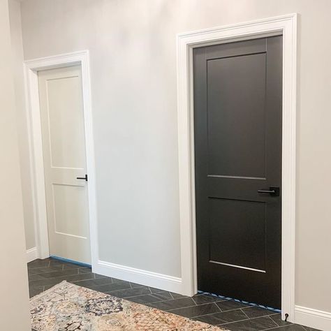 White Wall And Black Doors, Iron Ore Versus Wrought Iron Paint, Soft Black Interior Doors, Black Interior Doors Farmhouse, Painted Black Interior Doors, Iron Ore Exterior Door, Interior Doors Iron Ore, Homes With Black Interior Doors, Iron Ore Sherwin Williams Door