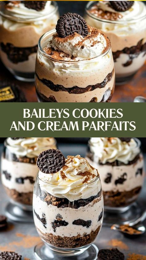 Indulge in a creamy, boozy dessert like no other! Baileys Cookies and Cream Parfaits are the ultimate treat—rich, smooth, and packed with flavor! 🍪🍸 #BaileysDelight #CookiesAndCream #ParfaitPerfection #DecadentDessert #BoozyTreats #SweetEscape #CreamyGoodness #DessertGoals #IndulgentBites 🍪🍸 Baileys Cookies, Lemon Dessert Recipes Easy, Cream Desserts Recipes, Easy Cake Recipes From Scratch, Sour Cream Desserts, Lemon Desserts Easy, Cherry Recipes Dessert, Amazing Cake Recipes, Parfait Desserts