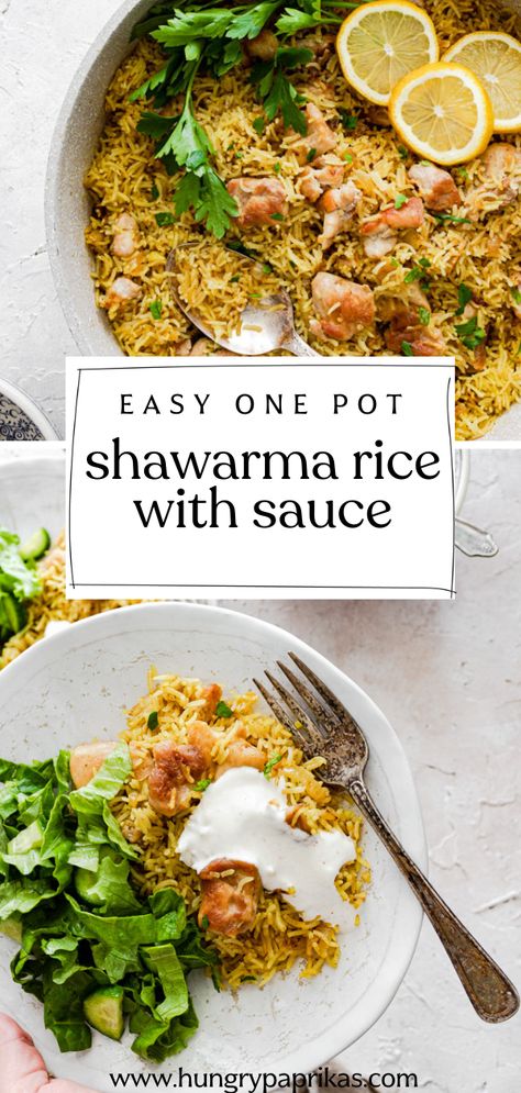 This chicken shawarma rice cooked all in one pot is the best weekday dinner. Yellow rice, perfectly spiced chicken and the most amazing white sauce make the ultimate combination. A must try! #weekdaymeals #onepot #shawarma #yellowrice Chicken Shawarma Rice, Shawarma Rice, Rice Sauce, Recipes Mediterranean, Spiced Chicken, Weekday Dinner, Yellow Rice, Chicken Shawarma, White Sauce