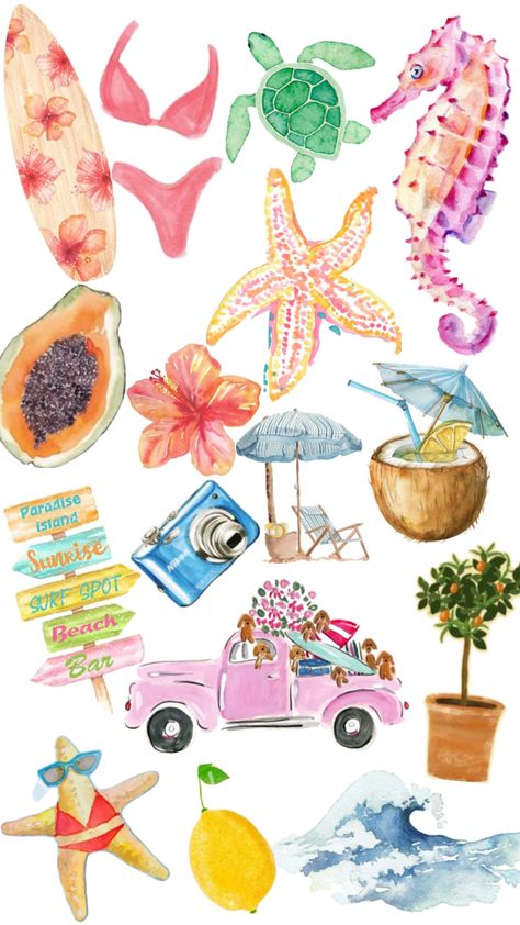 Watercolor Collage Art, Beach Aesthetic Drawing, Beach Stickers Aesthetic, Summer Stickers Aesthetic, Summer Illustrations, Cute Backgrounds For Iphone, Scrapbook Printing, Artistic Pictures, Collage Board