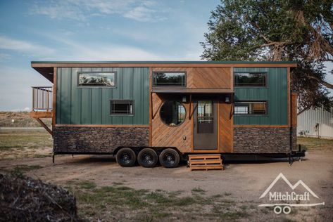 Her Cozy 10x30 MitchCraft Tiny House Farmhouse Tiny House, Cozy Colors Palette, Rustic Tiny House, Loft Style Bedroom, House With Balcony, Tiny House Talk, Tiny House Builders, Rustic Exterior, Large Shower