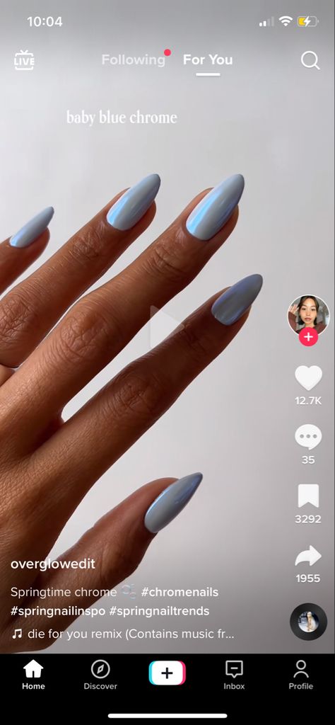 Light Blue Hoco Nails, Hoco Nails Almond, Blue Hoco Nails, Baby Blue Chrome Nails, Baby Blue Chrome, Acrylic Nails Light Blue, Powder Blue Nails, Bridal Shower Nails, Blue Wedding Nails