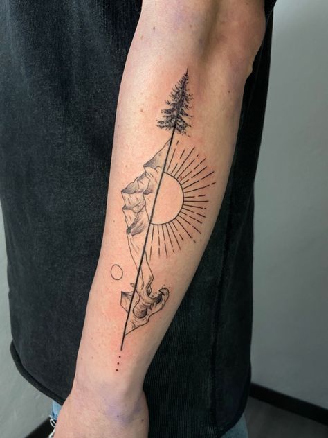 Land And Water Tattoo, Guy Bicep Tattoo Ideas, Vertical Nature Tattoo, Nature Tattoos Men, Adventure Tattoo Ideas, Leg Tattoo Ideas For Men, Outer Forearm Tattoo, Adventure Tattoo, Simple Arm Tattoos