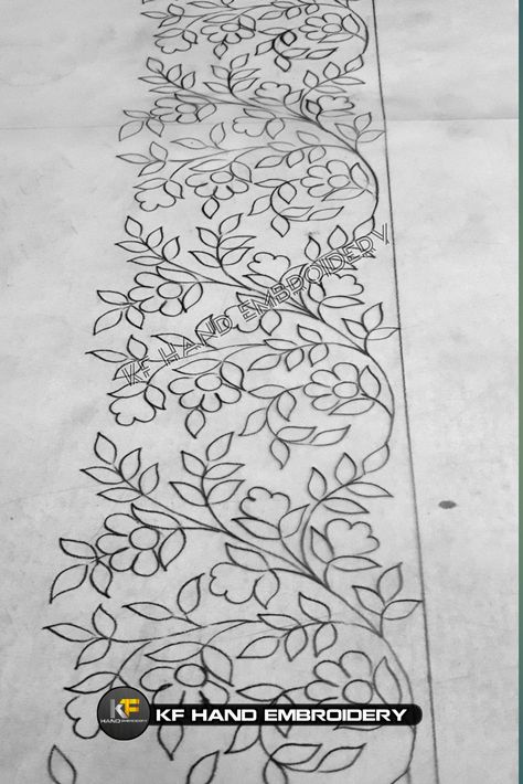 Flowers Saree Design, Sarees Embroidery Design, Saree Embroidery Design Sketch, Embroidery Pencil Designs, Saree Patterns Design, Border Embroidery Designs Border Embroidery Designs Patterns, Aari Work Saree Border Designs, Marori Work Embroidery, Embroidery Sketches Design Drawings