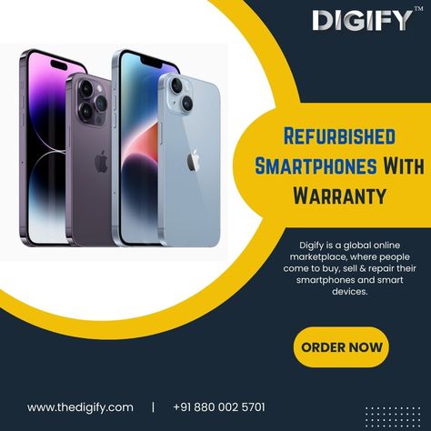 Digify is one of the fastest-growing e-commerce platform for buy and sell refurbished smartphones with warranty. If you're looking for a refurbished phone this is the perfect place for you! We have a wide range of smartphones such as iPhone, Samsung, Redmi or other popular brands. Our smartphone is suitable for your needs and fit in your budget. To buy a refurbished smartphone kindly visit our website or contact us. Refurbished Phones, Popular Brands, Fit In, Perfect Place, E Commerce, Poster Design, Budgeting, Smartphone, Contact Us