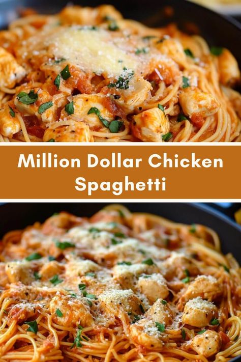 Million Dollar Chicken Spaghetti Million Dollar Spaghetti With Chicken, Chicken Million Dollar Spaghetti, Million Dollar Chicken Spaghetti Recipe, Million Dollar Spaghetti Chicken, Spaghetti With Chicken Breast, Spaghetti And Chicken Recipes Easy, Million Dollar Chicken Pasta, Chicken Spaghetti Recipe Red Sauce, Spaghetti And Chicken Recipes