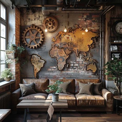 12+ Industrial Chic Metal Wall Decor Ideas for Edgy Spaces • 333+ Art Images Factory Decoration Ideas, Modern Steampunk Decor, Brick Wall Cafe, Study Room Designs, Bedroom Plants Decor, Futuristic Decor, Steampunk Interior, Sofa Bed For Small Spaces, Loft Designs