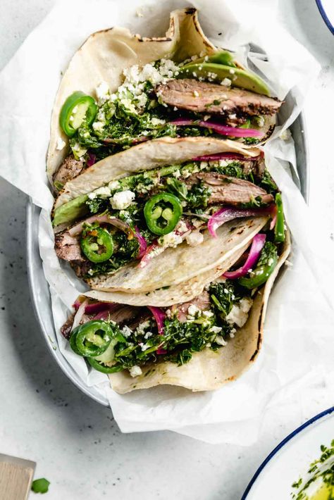 Steak Avocado, Steak Taco Recipe, Chimichurri Steak, Shredded Beef Tacos, Quick Pickled Onions, Broma Bakery, Veggie Tacos, Creamy Avocado Sauce, Honey Chipotle