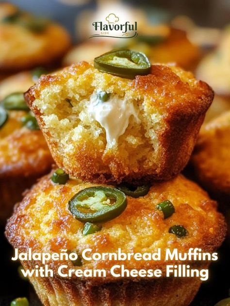 Flavorful side | Jalapeño Cornbread Muffins with Cream Cheese Filling | Facebook Stuffed Cornbread, Cornbread With Jalapenos And Cheese, Jalapeno Cornbread Muffins Jiffy, Jalapeño Cornbread Muffins With Cream Cheese, Cornbread Jalapeno Muffins, Cornbread Appetizer, Cheddar Jalepeno Cornbread Muffins Jiffy, Corn Cupcakes, Cream Cheese Corn