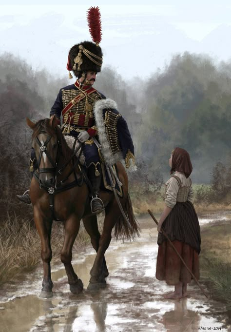 ArtStation - French Hussar and Peasant Girl, 1810's, Nils Wadensten 2d Painting, Military Drawings, Military Artwork, Historical Painting, 다크 판타지, French Army, Napoleonic Wars, Historical Art, Military Uniforms